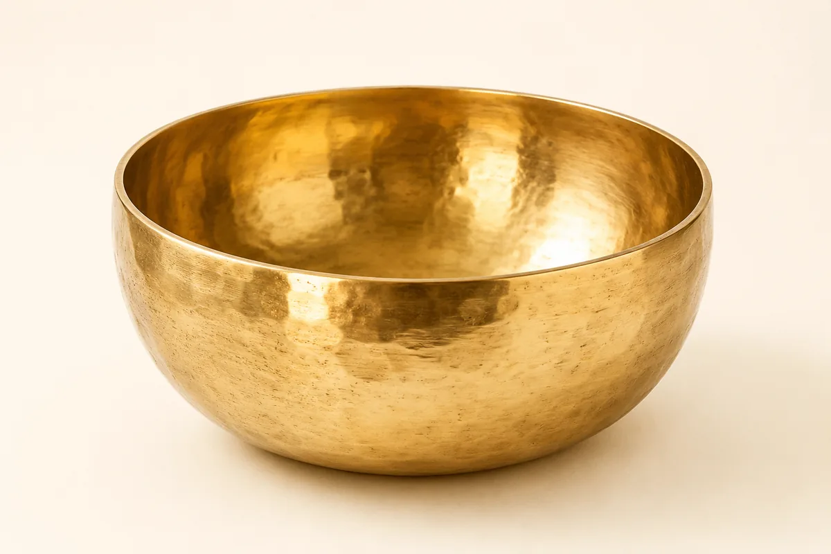 A hand-forged ANURAVA singing bowl resting in a quiet interior