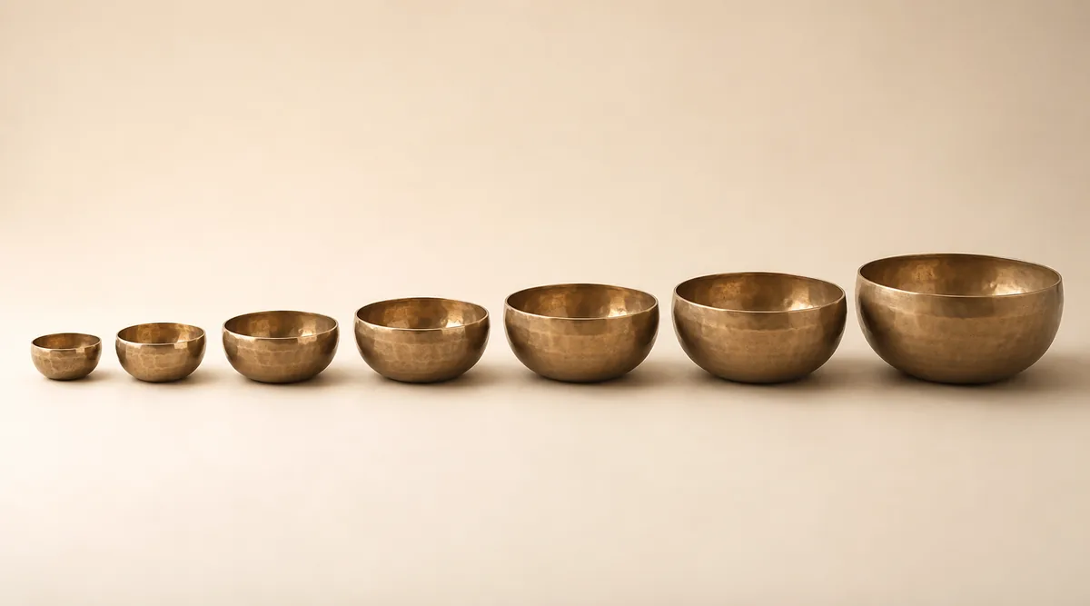The ANURAVA seven-bowl set — seven hand-forged bell-metal singing bowls